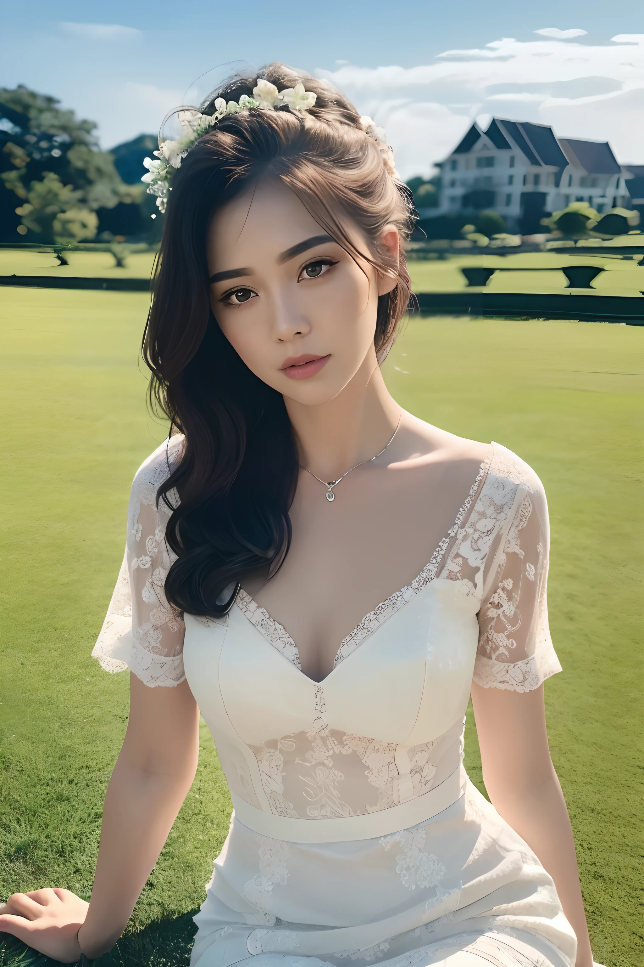 (8k, best quality, masterpiece:1.2),(realistic, photo-realistic:1.37),ultra-detailed,beautiful devil,upper body,face the front,looking at viewer,wearing white lace dress, beautiful devil,upper body,face the front,looking at viewer, in Moven pick hotel resort in Khao Yai Thailand. Castle hotel in the background. flower fields. sitting on the grass