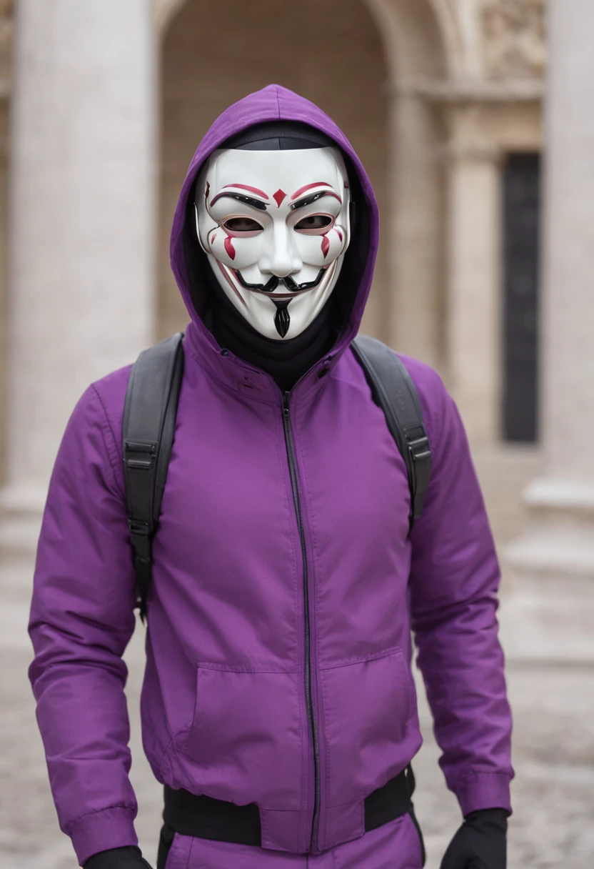 hacker wearing a purple suit with a neon tech mask with the letter Δ