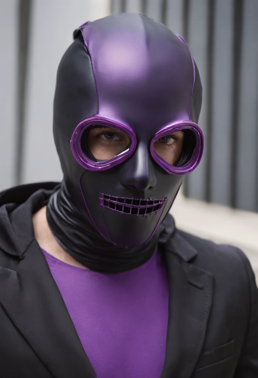hacker wearing a purple suit with a neon tech mask with the letter Δ