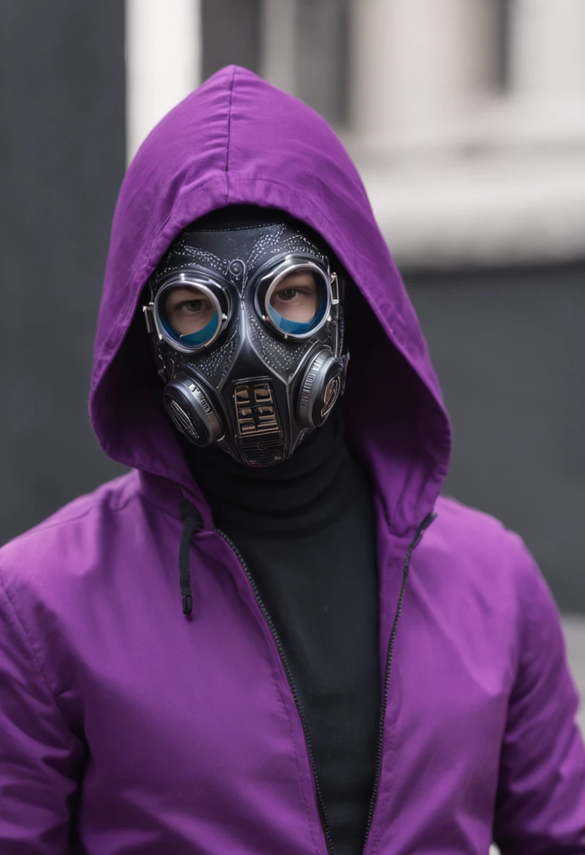 hacker wearing a purple suit with a neon tech mask with the letter Δ