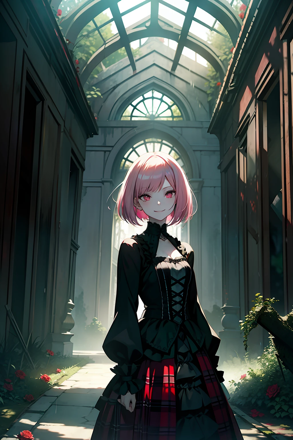 girl, pink hair, bob haircut, Gothic ****ta, Gothic style, red plaid skirt, red eyes, Face of Beauty, pale skin, smiling, in a ruined mansion, red roses in a garden in the background, dark cloudy weather, rain light, dark green filter, intense filter, secret garden tekken 5,