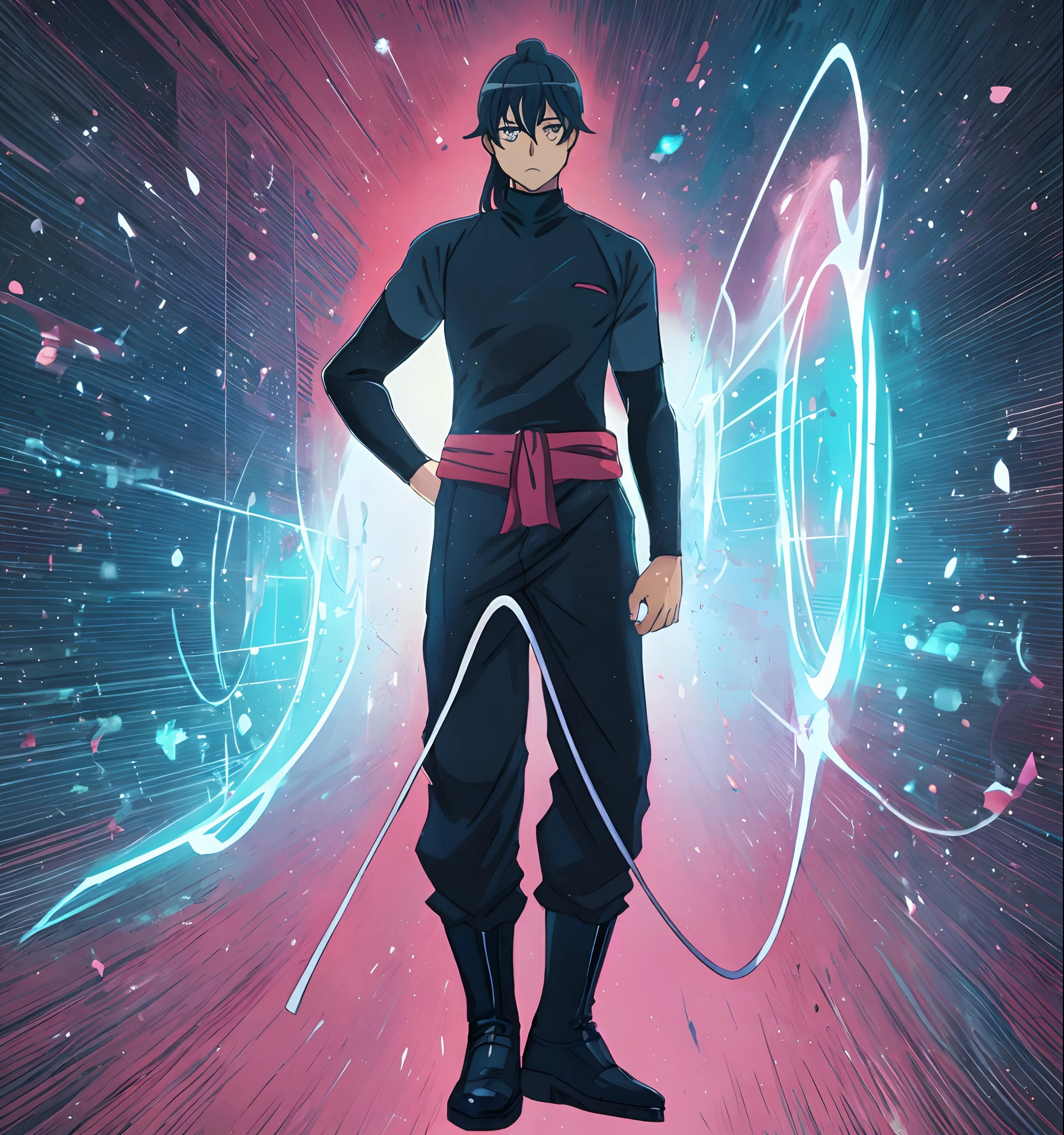 homem arafed em camisa preta e faixa roxa com, personagem de anime masculino, personagem estilo anime, jovem homem de anime, single character full body, full body single character, Gatilho Estilo de Arte de Anime, cara de anime alto com olhos azuis, personagem de anime, anime full body illustration, pose de anime bonito, como um personagem de anime, estilo anime masculino, estilo anime plano
