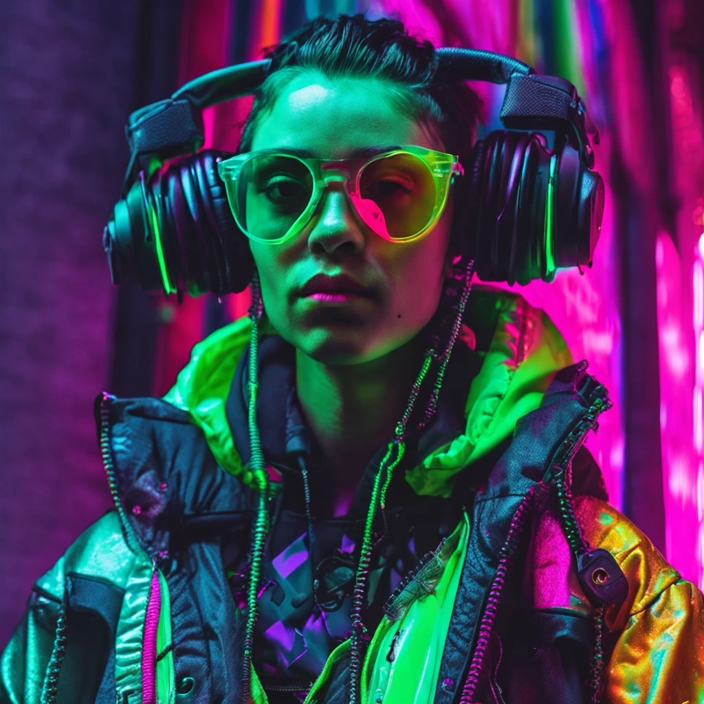 ((melhor qualidade)), ((obra-prima)), ((realista)) and ultra-detailed photograph of a 1nerd man with gothic and neon colors. Ela tem ((cabelo turquesa)), usa uma jaqueta techwear e exala uma vibe ((Beautiful and Aesthetic)), sexy, Peitos Inferiores, hot