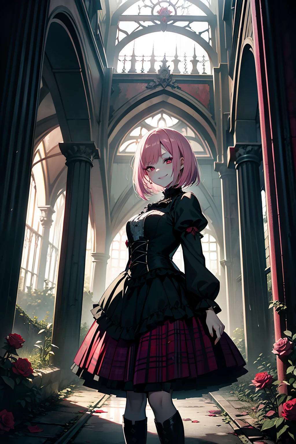 girl, pink hair, bob haircut, Gothic ****ta, Gothic style, red plaid skirt, red eyes, Face of Beauty, pale skin, smiling, in a ruined mansion, red roses in a garden in the background, dark cloudy weather, rain light, dark green filter, intense filter, secret garden tekken 5,