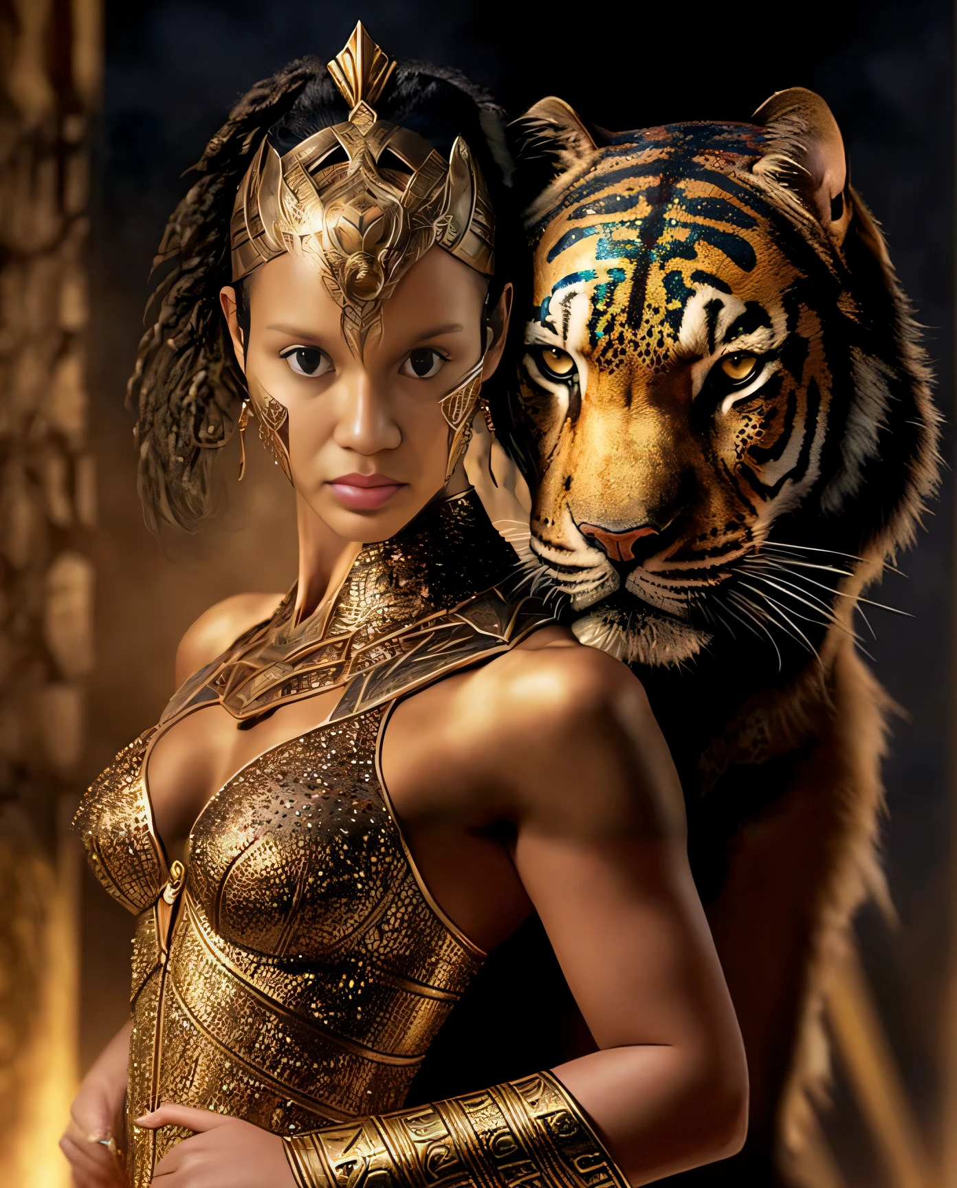 um close up de uma mulher em um vestido dourado segurando um tigre, black emma watson as egyptian, - Shanina Shaik como Medusa, amazon warrior, Rainha da Selva, beyonce as wonder woman, vestindo armadura de gato dourado, epic 3 d oshun, princesa guerreira, Rainha e governante do universo, Warrior Woman, amazon queen, inspirado por Mark Brooks, Rainha guerreira