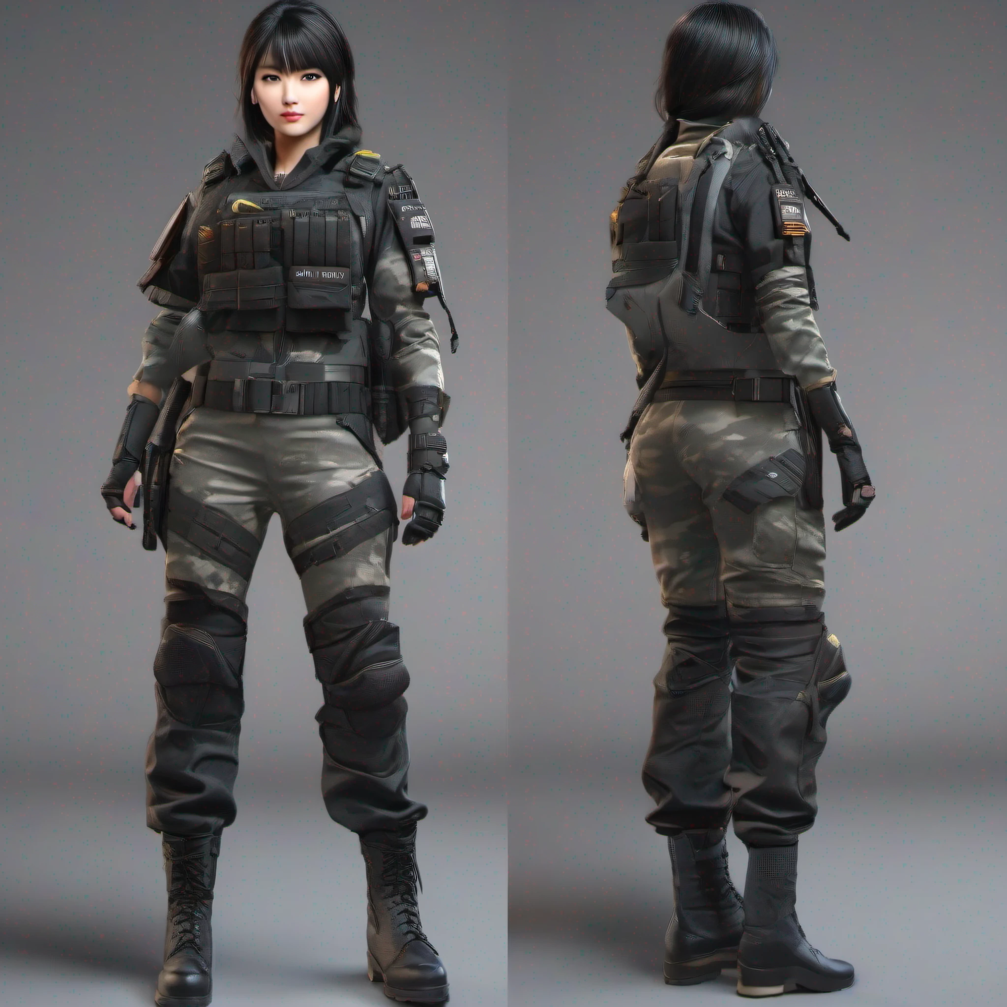 Highest image quality,Outstanding details,超高分辨率,(Fidelity:1.4),The best illustration,Favor the details,(Complete full-body portrait:1.5), shot from far away, Female special forces, She has a delicate and beautiful Asian face,Take the Glock 18,dressed in black body armour, Long army pants and combat boots, with short black hair