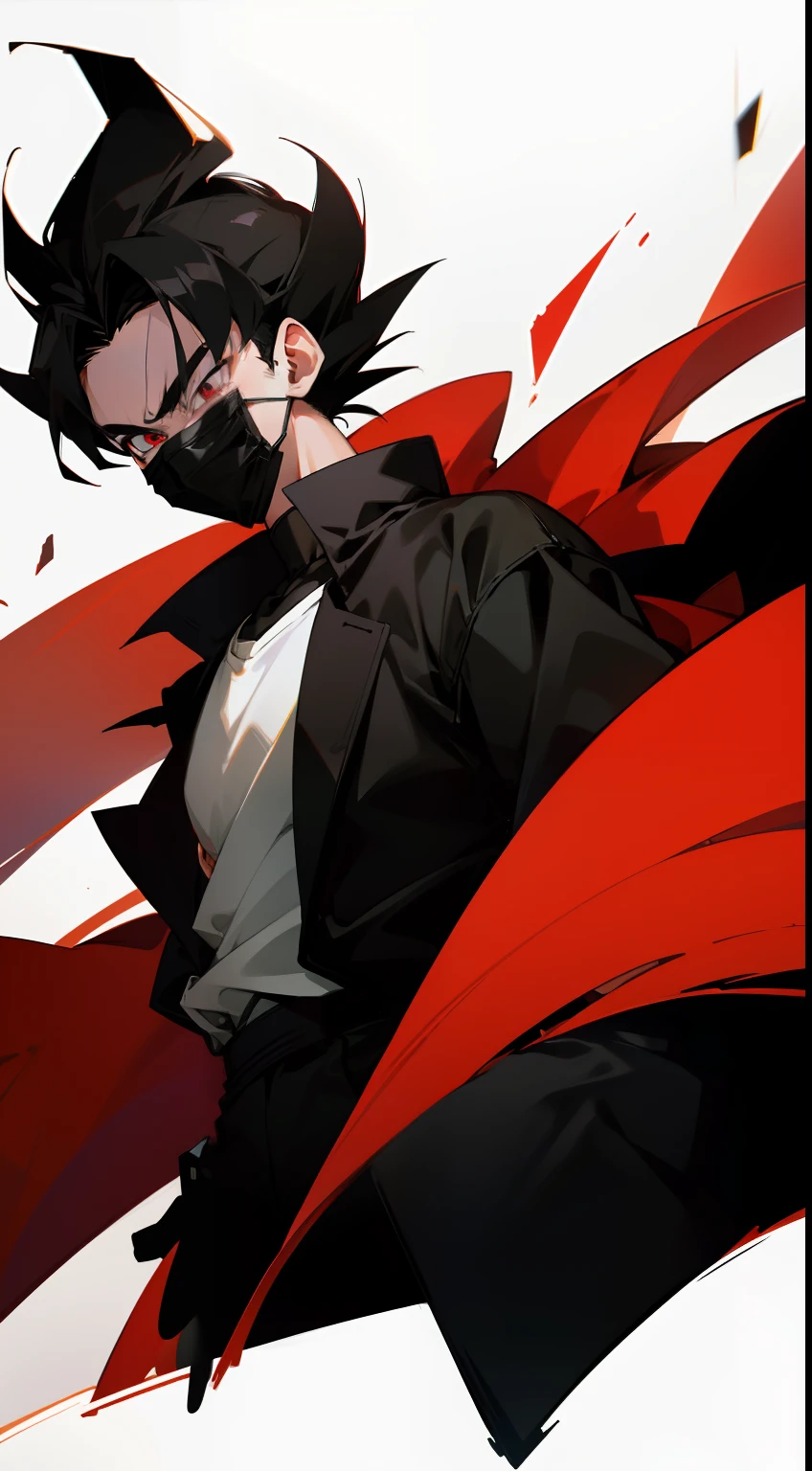 Dragon Ball style look, cinematic , studio lightning, 1boy wearing a black jacket and white shirt , black ClothMask , black, pushed back hair , red eyes , black mask in his mouth , black gloves , dragon ball style , black jacket over a white t-shirt