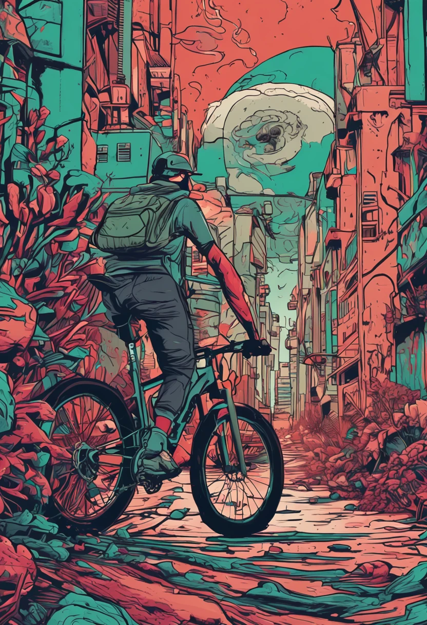 there's a cyclist cycling in the woods and a wolf looking at him Highly detailed graffiti, in illustration style digital, pintura digital altamente detalhada, arte digital. altamente detalhado, pintura digital de alta qualidade, arte digital altamente detalhada, estilo de pintura digital