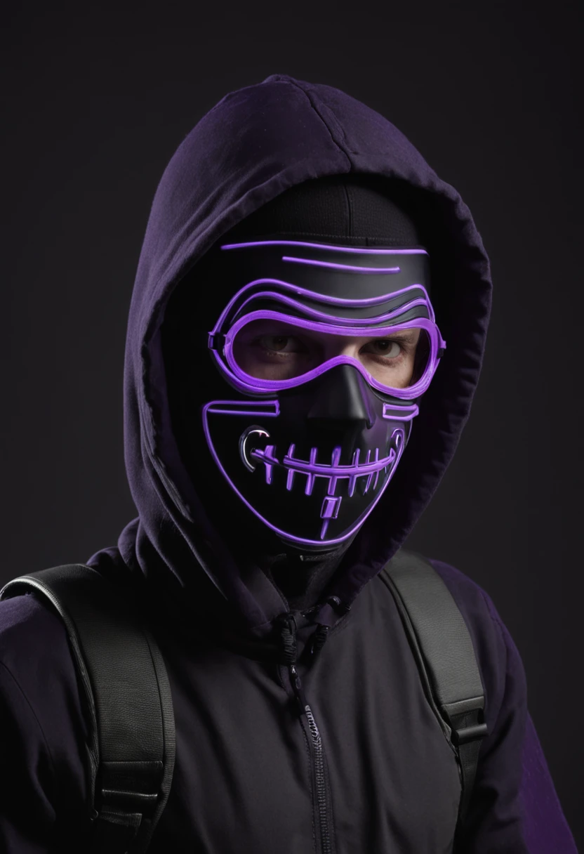hacker usando um terno roxo com um sobretudo, with a neon technological mask with the letter Δ