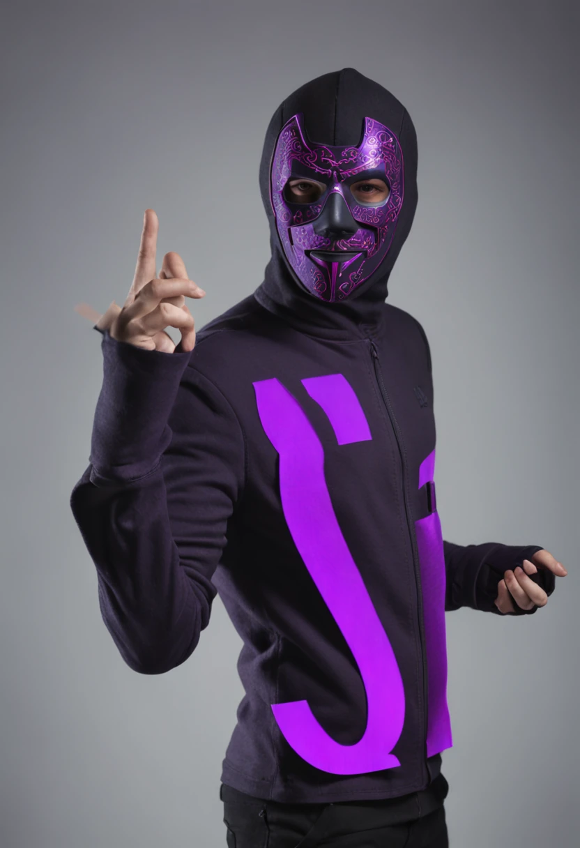 hacker usando um terno roxo com um sobretudo, with a neon technological mask with the letter Δ