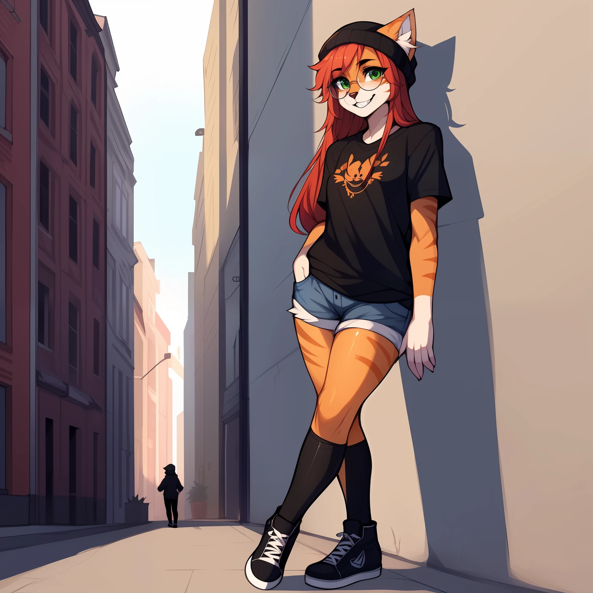 Solo:1.2, By claweddrip, by hyattlen, by fumiko, a cute female orange tabby cat, long hair, ruby hair, green eyes, long white whiskers, cute orange tabby cat ears, orange tabby cat tail, tall, slender, wearing Jean shorts, black thigh high socks, scuffed black converse shoes, black shirt, hands in pockets, black beanie, large round clear glasses, high quality, fluffy ear tips, looking_away:1.3, leaning on a wall, in a vibrant city street, smiling, cat teeth, full body in frame