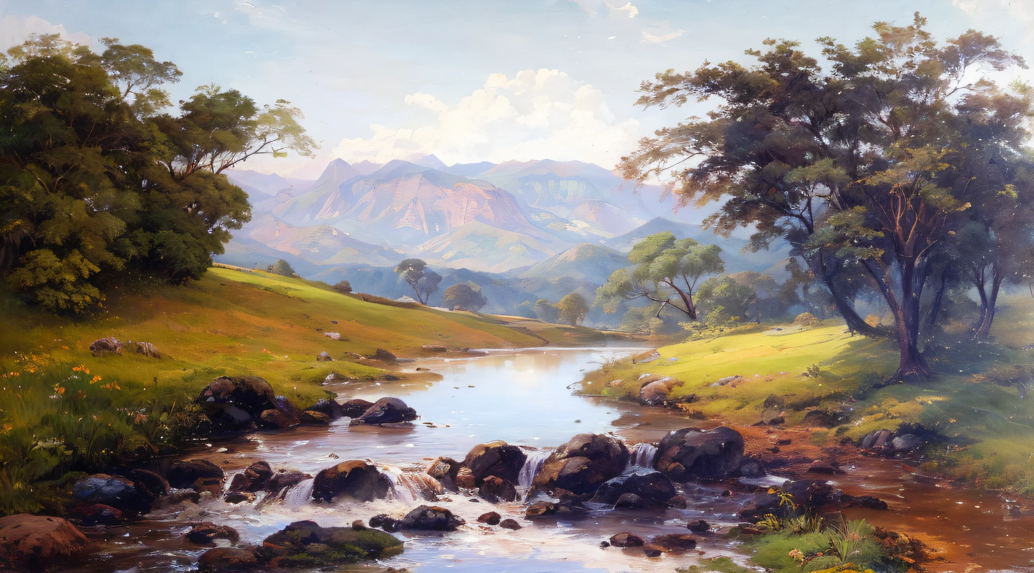 pintura de um rio que atravessa um vale verde exuberante com montanhas ao fundo, colinas fluidas, 8k resolution digital painting, 8k resolution digital painting, Pintura digital 4K, Pintura digital 4k, pintura digital detalhada, baixo detalhamento. pintura digital, Pintura Digital de Alto Detalhe, peaceful landscape, rio, trees and hills, pintura detalhada 4K, pintura digital 4k