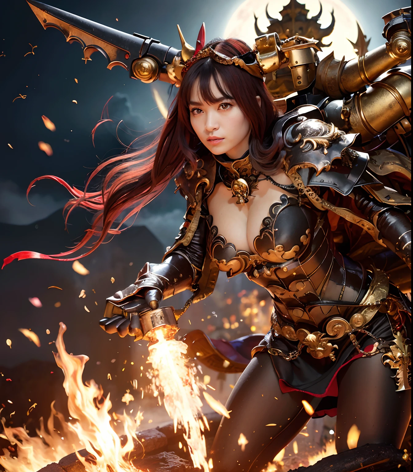 (masutepiece), Professional , ​masterpiece、top-quality、photos realistic , depth of fields （Dragon Black Metal Body:1.９),(Matte Black、（cleavage of the breast）、Dragon Gold Weapon、（Dragon Bikini Armor:1.４),Gorgeous Gold Weapons ,（（ Dragon's dense and gorgeous sword）） , Beautiful knife   ,warhammer 40k , adepta sororitas,Detail and gorgeous crown、（（Red hair））、（Castle background）、The dragon、（（Gangle's forest background））、Beautiful Caucasian beauty、（１a person）、dynamic ungle,(((Detailed and ornate Black Devil Crown)))、Smaller head、Strange smile、Castle background、Thin and beautiful female hands、cleavage of the breast、Soldier in iron armor on background、Mystical expression、Light Effects、intense fighting、Wind-effect、magic circles、With the legendary magic wand、（demonic wings）、