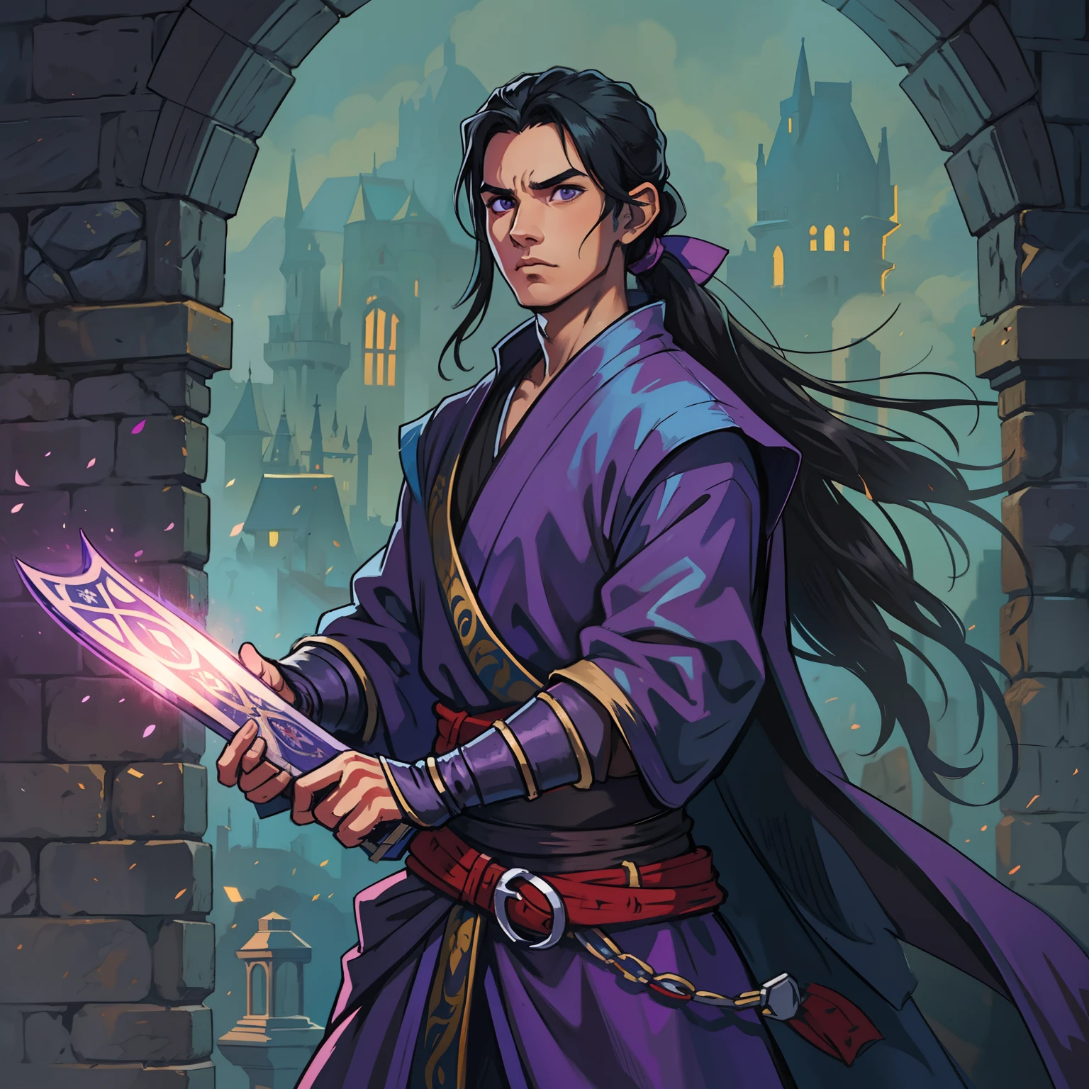 a young Latino with long black hair ponytail hair ponytail he is a sorcerer wearing medieval ninja robes with a purple belt at the waist for a rpg rpg medieval rpg illustration rpg medieval art medieval illustration for medieval rpg dnd