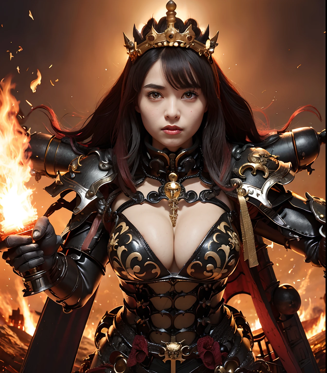 (masutepiece), Professional , ​masterpiece、top-quality、photos realistic , depth of fields （Dragon Black Metal Body:1.９),(Matte Black、（cleavage of the breast）、Dragon Gold Weapon、（Dragon Bikini Armor:1.４),Gorgeous Gold Weapons ,（（ Dragon's dense and gorgeous sword）） , Beautiful knife   ,warhammer 40k , adepta sororitas,Detail and gorgeous crown、（（Red hair））、（Castle background）、The dragon、（（Gangle's forest background））、Beautiful Caucasian beauty、（１a person）、dynamic ungle,(((Detailed and ornate Black Devil Crown)))、Smaller head、Strange smile、Castle background、Thin and beautiful female hands、cleavage of the breast、Soldier in iron armor on background、Mystical expression、Light Effects、intense fighting、Wind-effect、magic circles、With the legendary magic wand、（demonic wings）、