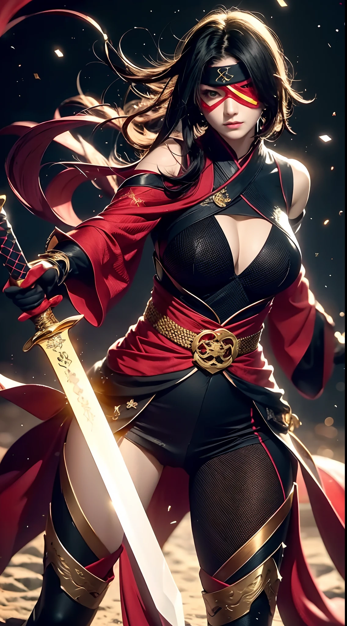 Female ninja，Gold eye patch，red color Hanfu，Wire elbow sheath，Dance with the glittering sword，Jump status，ultra hd photo。