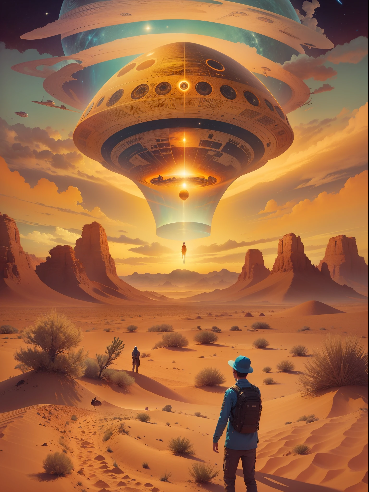 alien ship abducting a man in the desert, in the style of psychedelic illustration, juxtaposed imagery, dreamy collages, occultism inspired, light orange and gold, mesmerizing optical illusions, richly colored skies