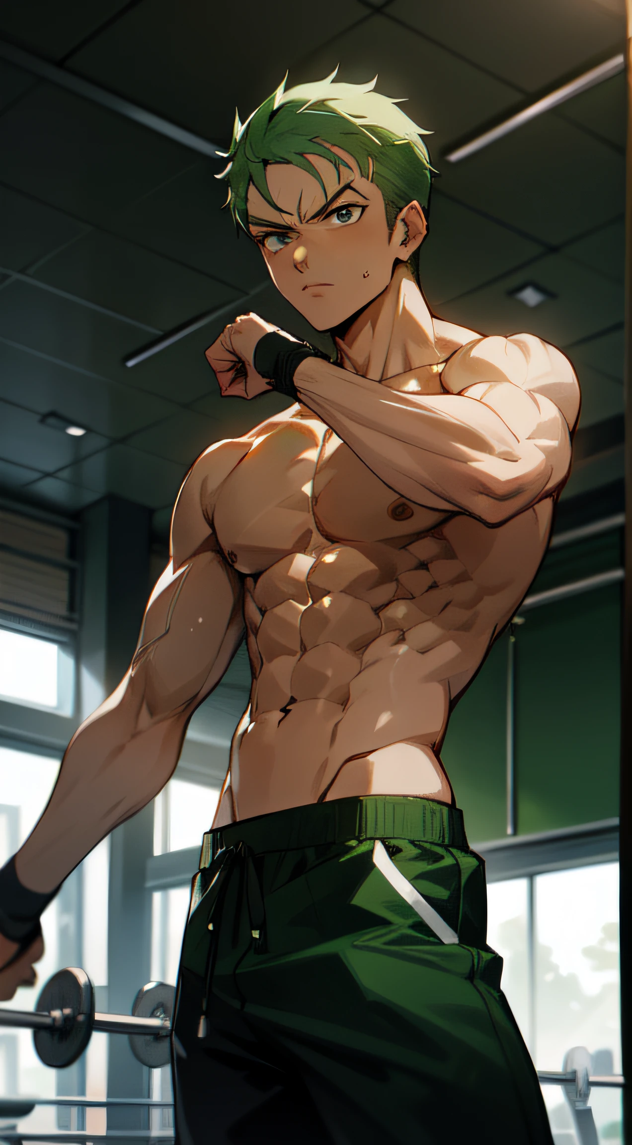 roronoa zoro look in gym , fully muscle body with abs , cinematic look , studio , in the gym , gym background