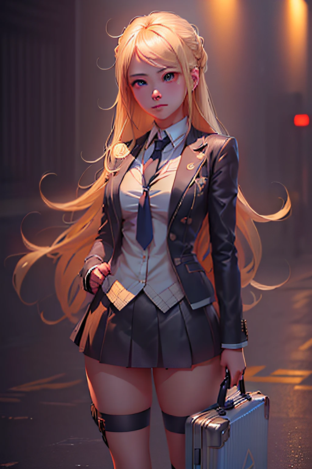 blond haired woman in a short skirt and jacket holding a suitcase, guweiz on artstation pixiv, a hyperrealistic schoolgirl, hyperrealistic schoolgirl, artwork in the style of guweiz, detailed digital anime art, guweiz on pixiv artstation, photorealistic anime girl render, smooth anime cg art, blonde anime girl with long hair