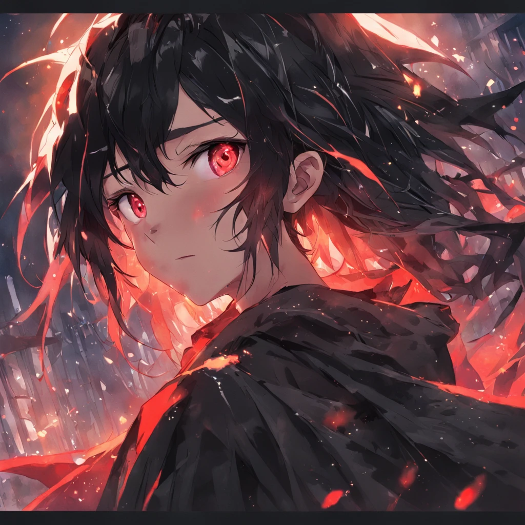 elf that is a lost soul, messy black hair, ragged black and red cloak, glowing yellow eyes, twisted and dark, Masterpiece, Best Quality