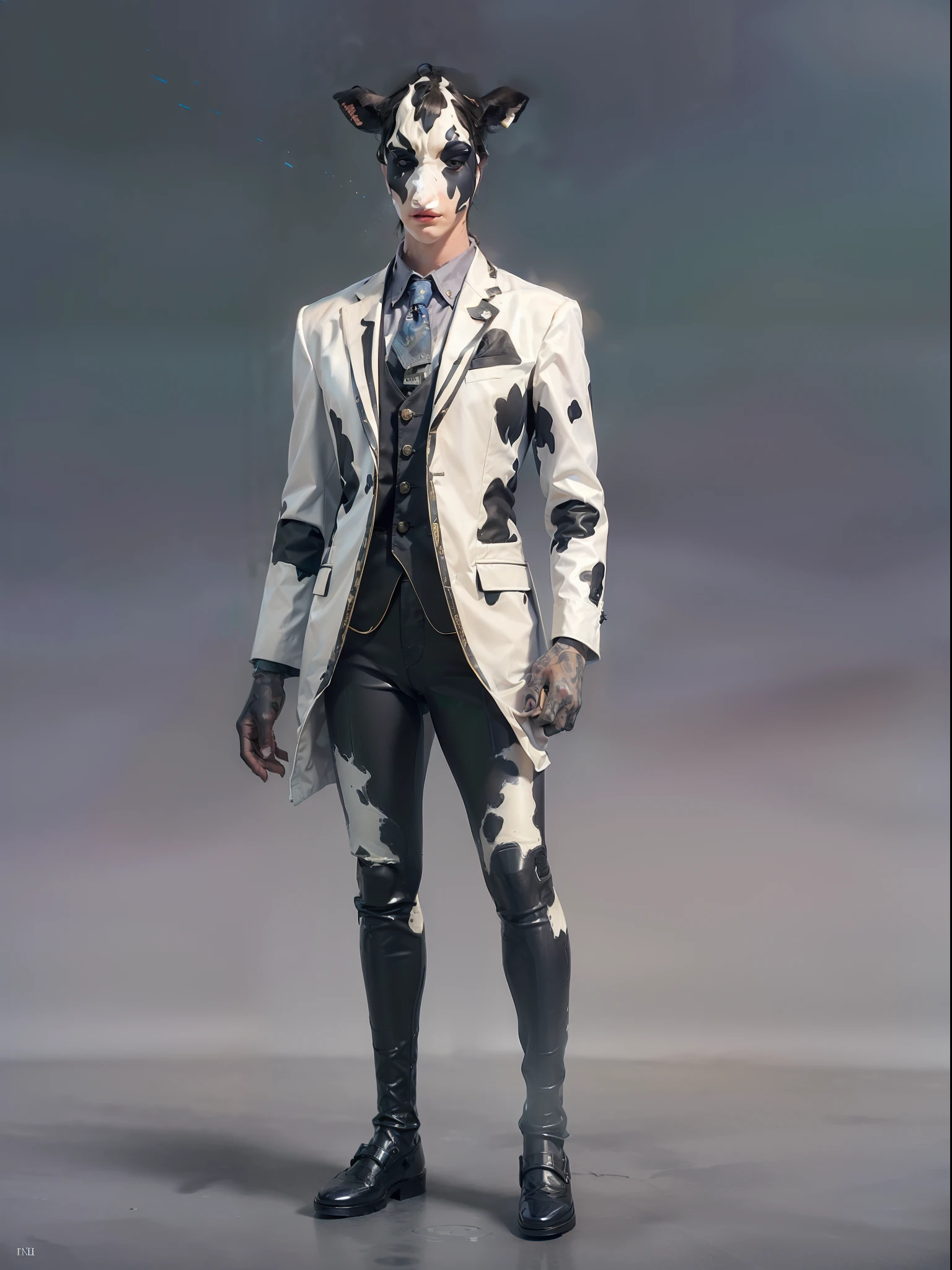 (((fullbody image、Standing posture)))、(Full body Holstein standing upright in luxury business suit、Humanoid Holstein、Cool anthropomorphic Holstein with long legs)、masterpiece, top-quality, in 8K , intricate detailes, ultra-detailliert , light Particle、32K Digital Paint, Hyper-Realism, No background