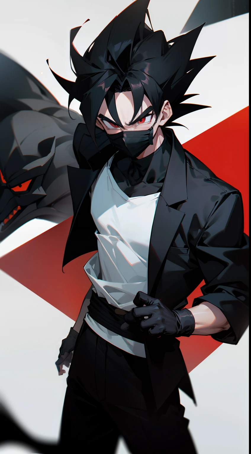 Dragon Ball style look, cinematic , studio lightning, 1boy wearing a black jacket and white shirt , black ClothMask , black, pushed back hair , red eyes , black mask in his mouth , black gloves , dragon ball style , black jacket over a white t-shirt , black pushed back hair , black effect , white t-shirt under a black jacket