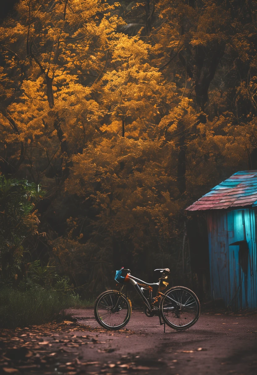 um lobo olhando para o ciclista de bicicleta na floresta a noite
