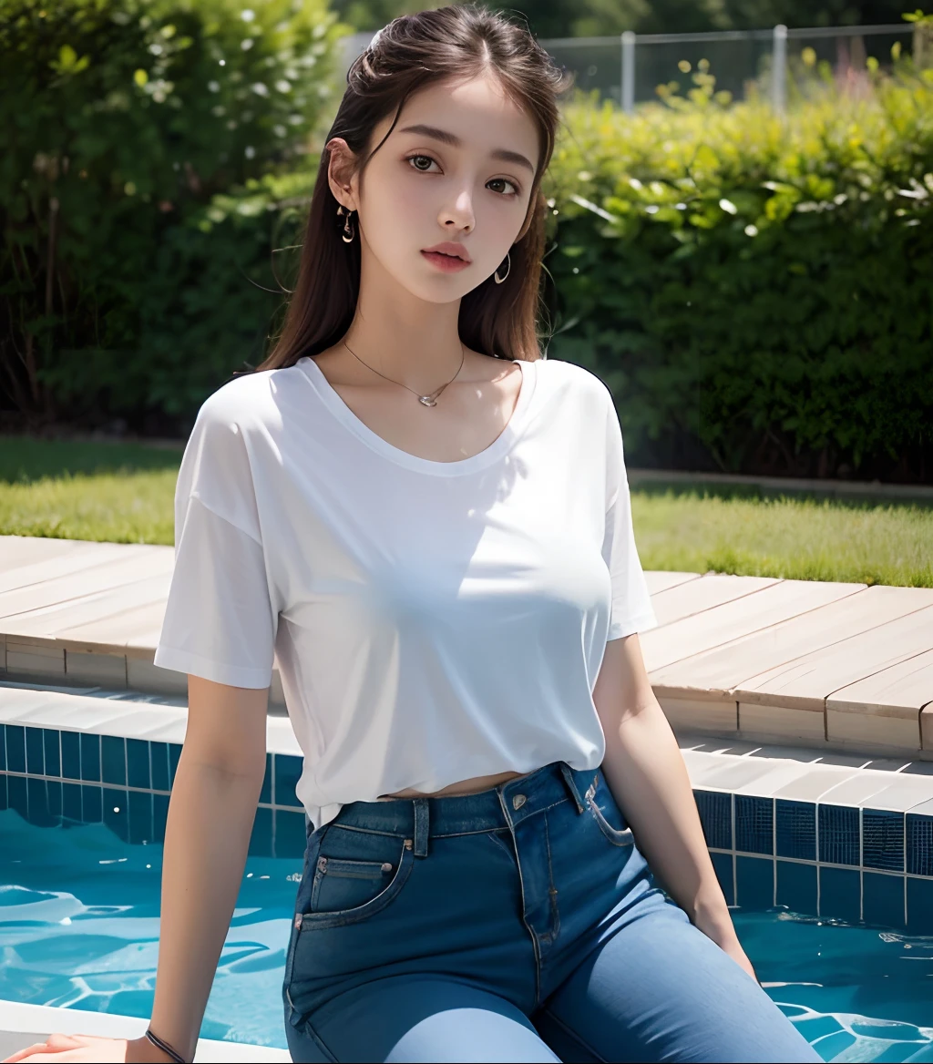 Girl sitting on side of pool in white t shirt and dark blue pant , best high quality Masterpiece picture