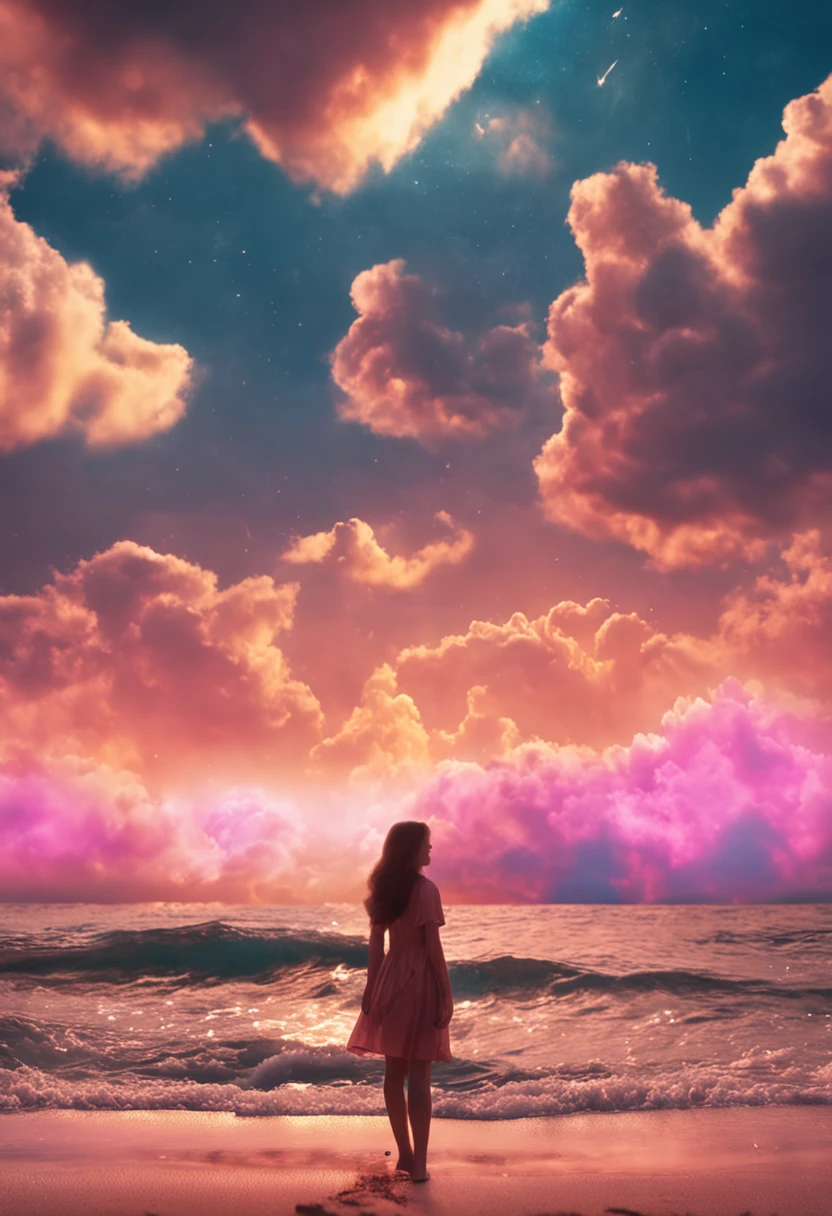 masterpiece, best quality, movie still, 1girl, cloud girl, floating in the sky, close-up, bright, happy, warm soft lighting, sunset, (sparks:0.7)