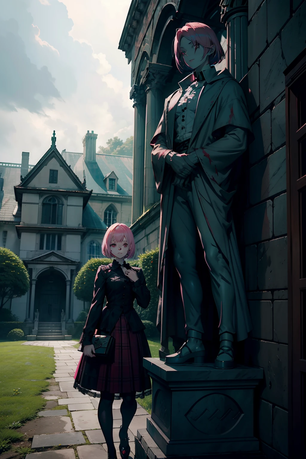 girl, pink hair, bob haircut, Gothic Lolita, Gothic style, red plaid skirt, red eyes, Face of Beauty, pale skin, smiling, in a ruined mansion, red roses in a garden in the background, dark cloudy weather, rain light, dark green filter, intense filter, secret garden tekken 5,The sky is very cloudy but a thin veil of sunlight is seen shining through the vast clouds. Concrete walls and a gate with twin gargoyle statues holding spears surround the fighters. On the right side of the wall, a long statue of a severed body is seen lying down, and a large mansion can also be seen in the background.