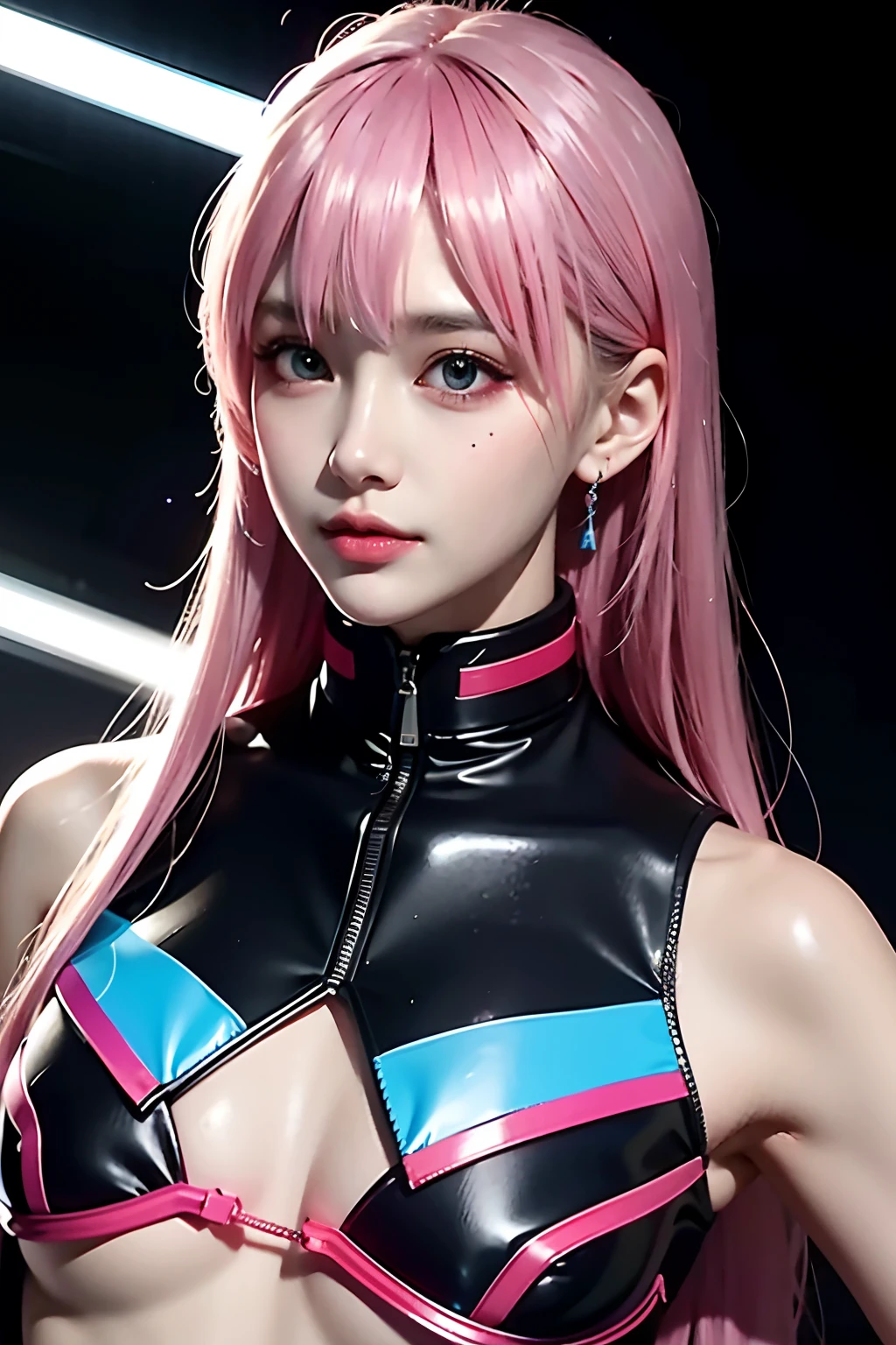 closeup, 1 girl, alone, [dark blue and pink hair: blue and pink hair:0.2], cyberpunk, high tech, V, mechanical parts, looking at audience, black eyes, long hair, luminous laser female super tech jumpsuit, cyberpunk mechanical body parts, with tattoos, interior, luminous laser earrings. high contrast, night, black, [freckles:0.9], reflective transparent rainbow, long hair, breasts, white skin most beautiful Korean woman's face, seductive expression, (relaxed pose: 1.5), eva, complex background, Sony a6300, extremely beautiful and gorgeous anime illustration, with cinematic perspective，(relaxed pose: 1. 5), eva, complex background, Sony a6300, extremely beautiful and gorgeous anime illustration with a cinematic perspective.