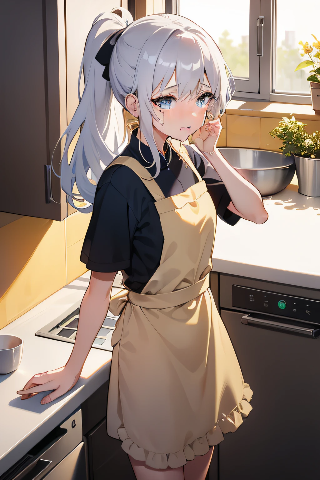 1girl, crying, kitchen, yellow apron, small and cute, long silver hair ponytail, blue eyes