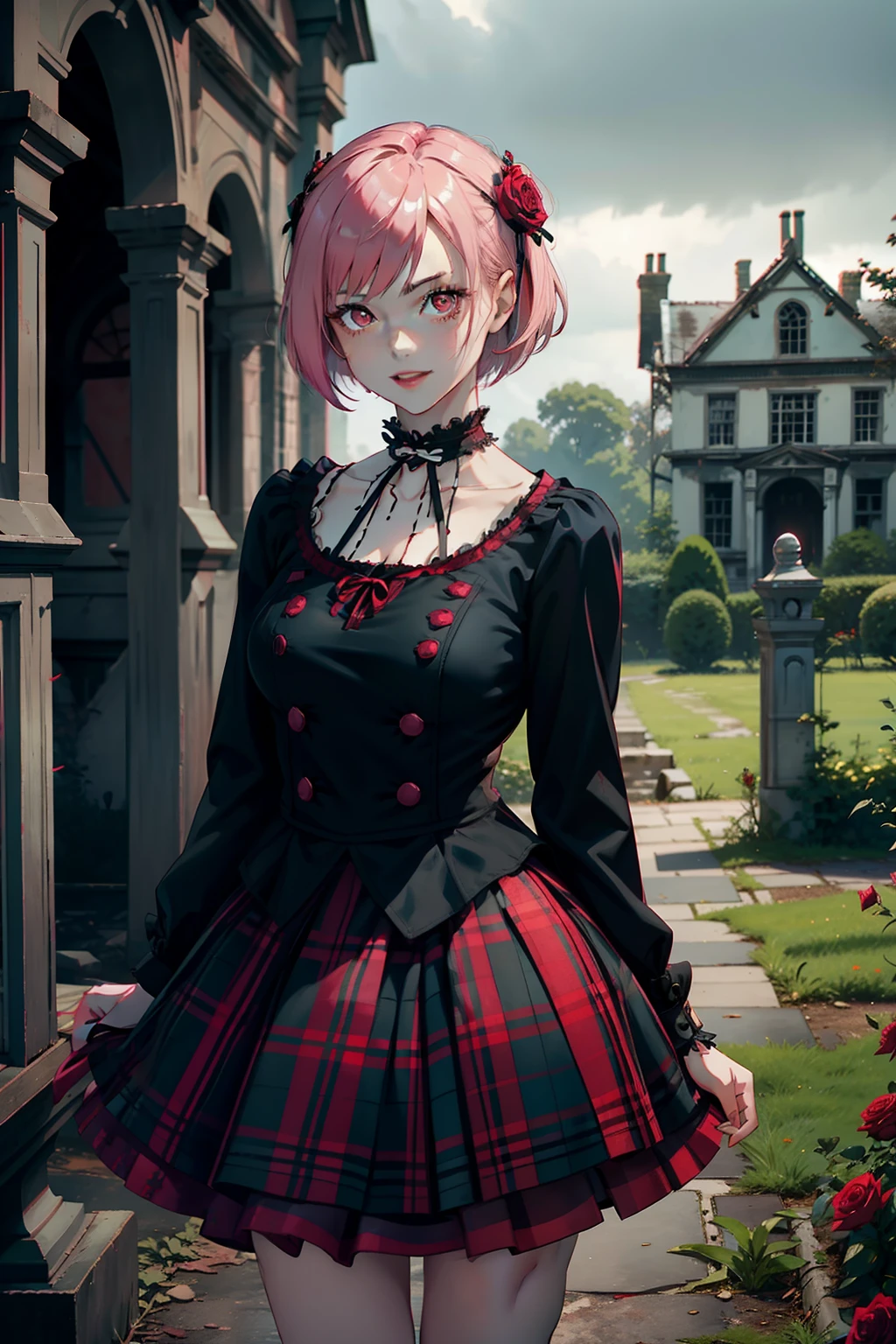 girl, pink hair, bob haircut, Gothic ****ta, Gothic style, red plaid skirt, red eyes, Face of Beauty, pale skin, smiling, in a ruined mansion, red roses in a garden in the background, dark cloudy weather, rain light, dark green filter, intense filter, secret garden tekken 5,