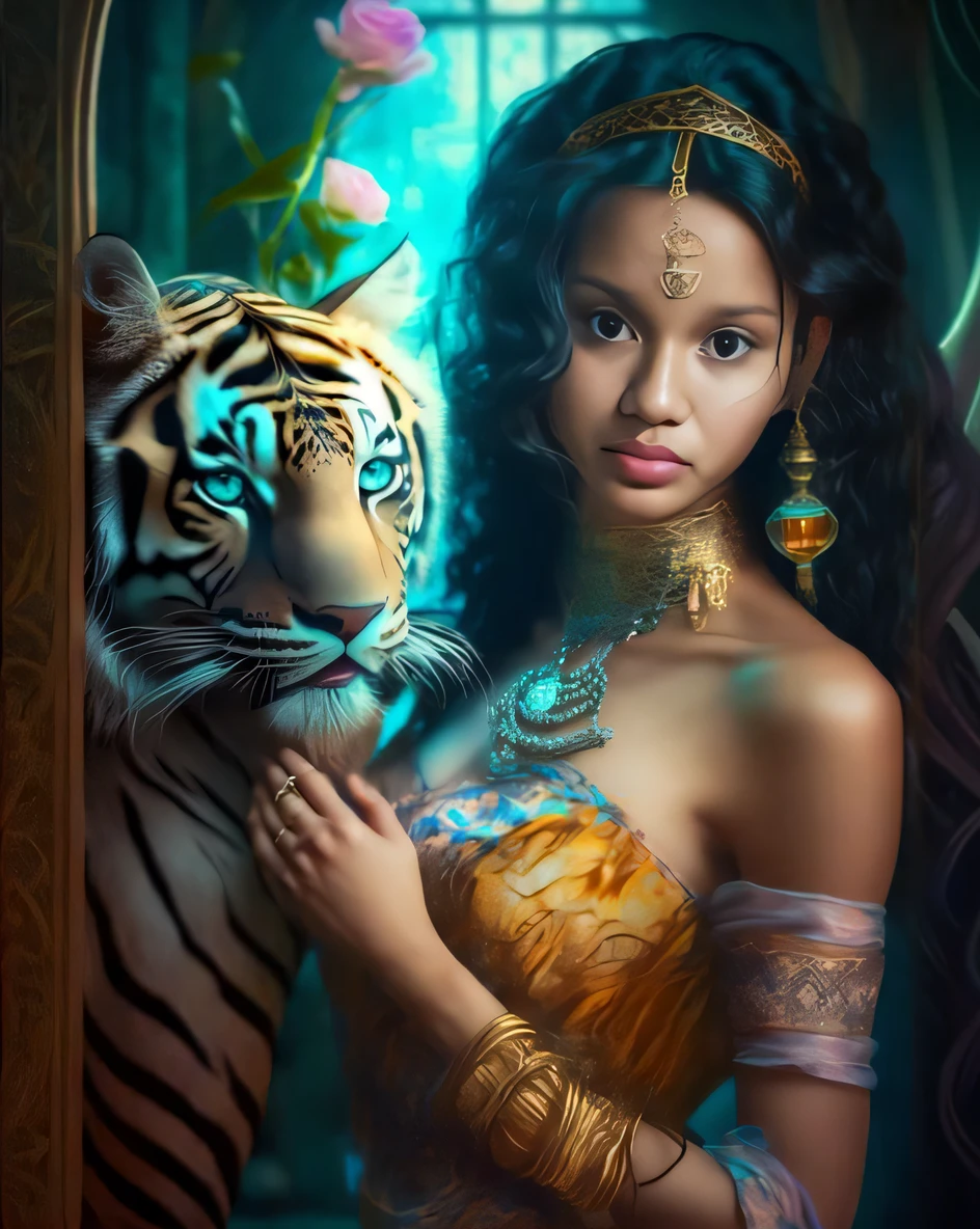 um close up de uma mulher segurando um tigre na frente de um espelho, retrato bonito da arte da fantasia, retrato bonito da fantasia, retrato da arte da fantasia, bela arte de fantasia, arte do retrato da fantasia, arte de fantasia muito bonita, epic fantasy art portrait, mulher linda, linda arte digital linda, retrato da fantasia, lindo arte digital, realistic fantasy illustration, lindo pintura digital, pintura de fantasia realista