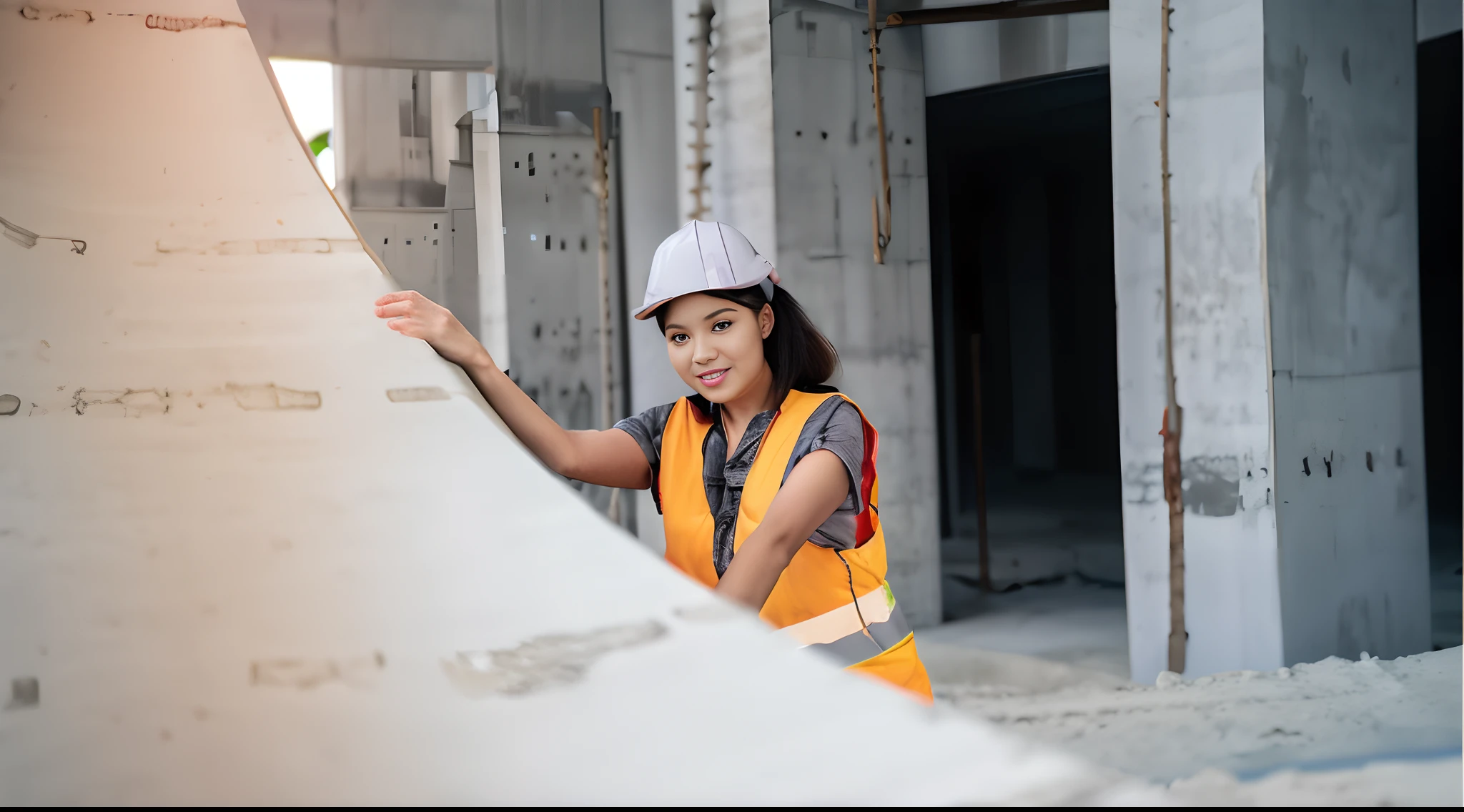 arafed woman in a hard hat and safety vest standing next to a wall, civil engineer, construction, portrait shot, advertising photo, photo taken in 2 0 2 0, concrete, safe for work, advanced technology, professional work, ground-breaking, photo still, engineer, people at work, architect, cement, on the concrete ground, closeup photograph, very professional