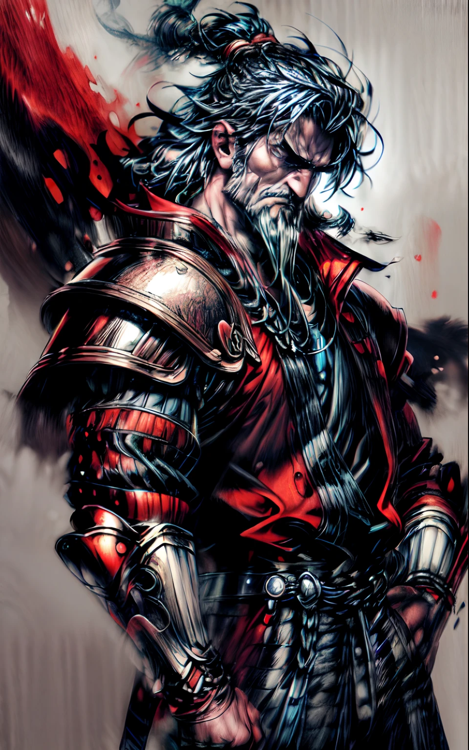 "(This artwork is a) masterpiece in terms of its (excellent) quality. It features a single Viking character, (with a) muscular build and detailed eyes. The focus is on the upper body, with the character looking directly at the viewer. The style of the artwork resembles an ink sketch, while the character is wearing armor. There is a sense of action, as if the character is (delivering a powerful) punch. The background is abstract, with splashes of color and a high contrast effect."