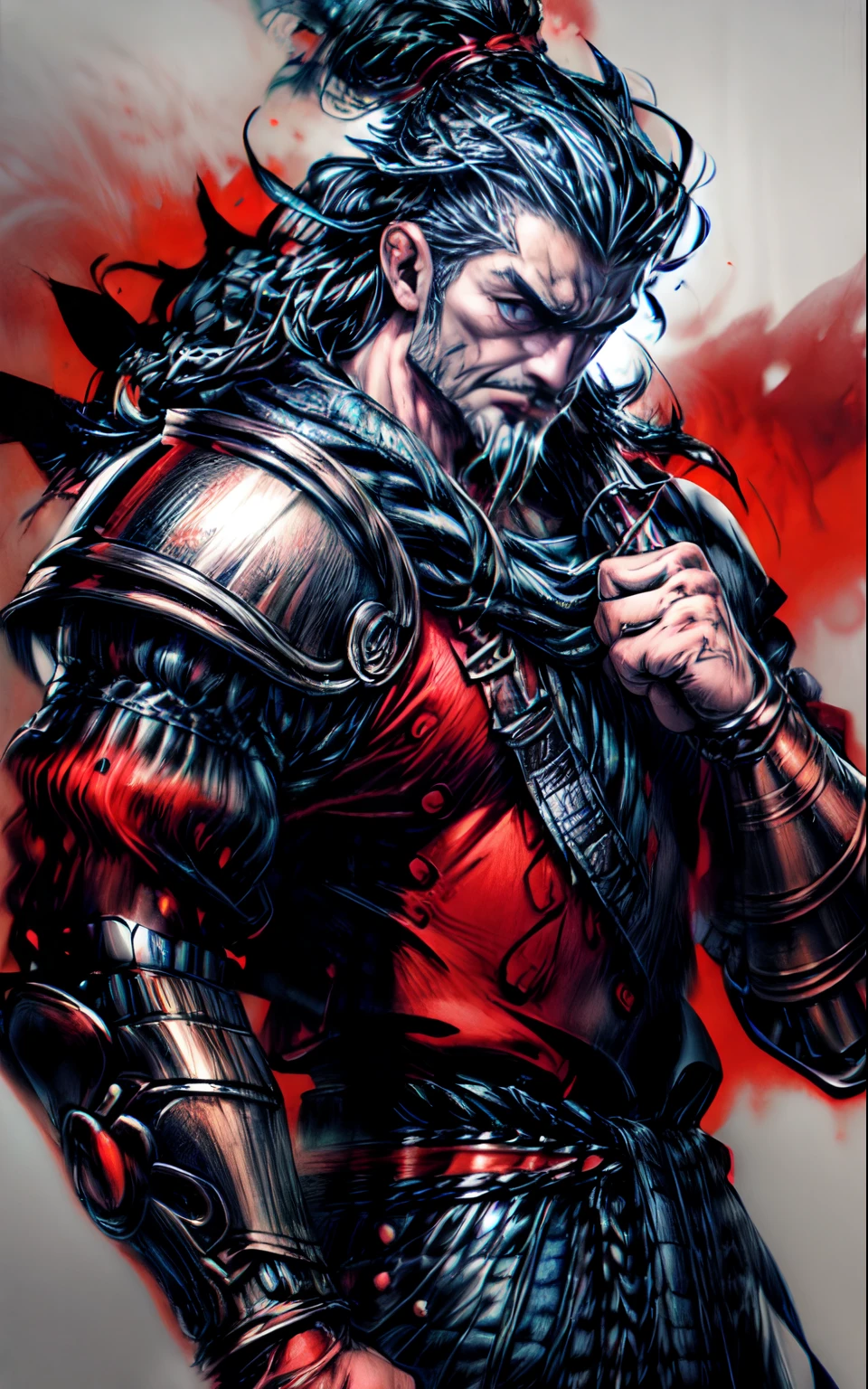 "(This artwork is a) masterpiece in terms of its (excellent) quality. It features a single Viking character, (with a) muscular build and detailed eyes. The focus is on the upper body, with the character looking directly at the viewer. The style of the artwork resembles an ink sketch, while the character is wearing armor. There is a sense of action, as if the character is (delivering a powerful) punch. The background is abstract, with splashes of color and a high contrast effect."