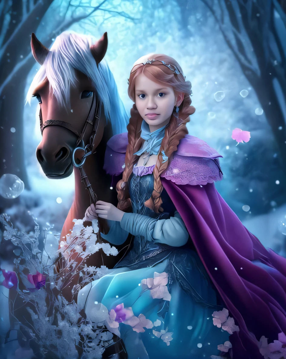 um close up de uma menina em um vestido e um cavalo, princesa de inverno, Emma Watson como a Rainha do Gelo, Retrato de Elsa de Arendelle, retrato da princesa, bela arte de fantasia, com flores congeladas ao seu redor, fantasy fairytale story, pintura de personagem bonita, arte de fantasia muito bonita, retrato bonito da arte da fantasia, No estilo de Anne Stokes, amazing fantasy art, bela fantasia detalhada