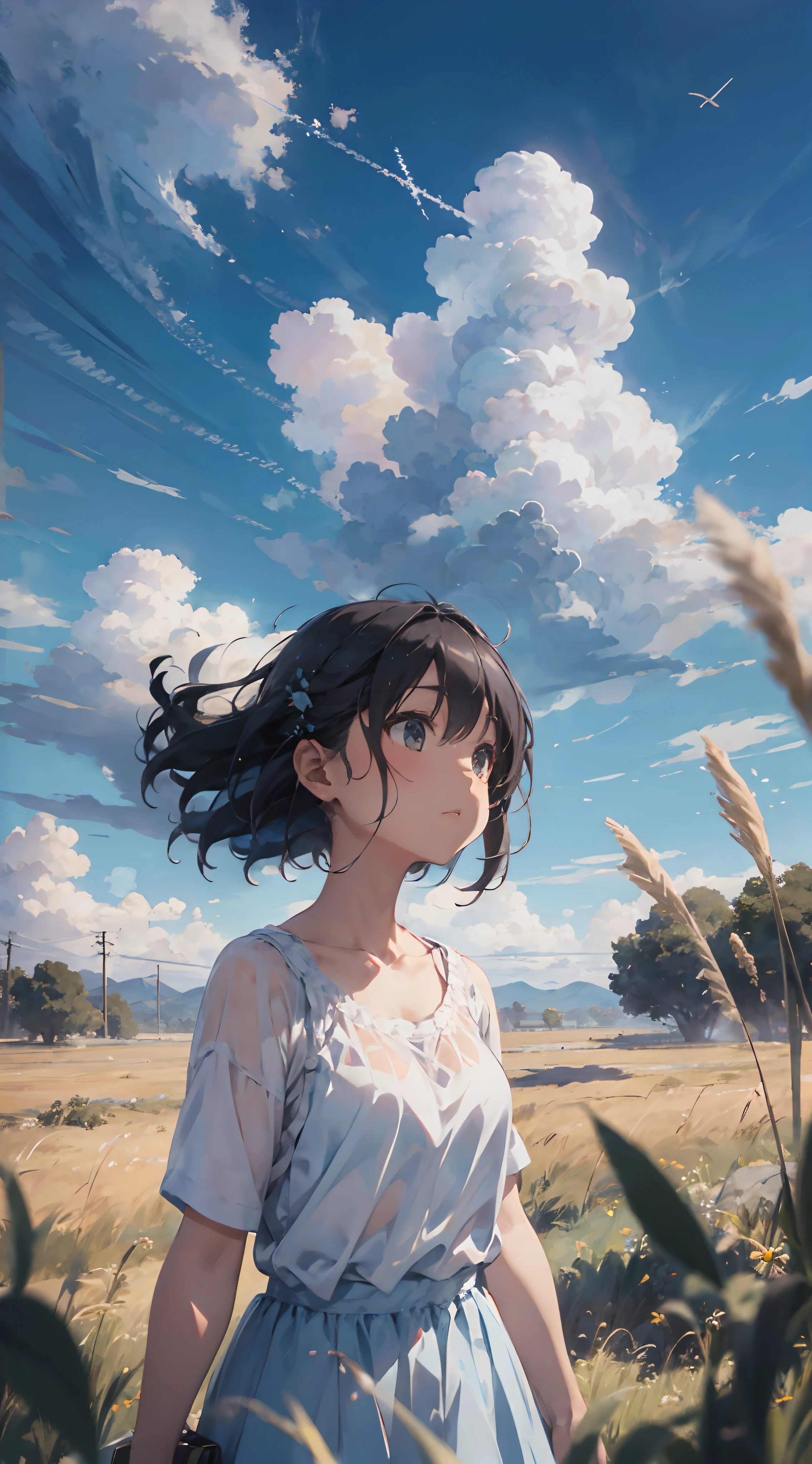 grass field、blue open sky、White cumulonimbus clouds、contrail、glowing sun、Steppe grass swaying in the wind、Photoquality、Live action、Realisticity、Transparency、Realistic depiction、The 8k quality、nffsw、Digital SLR、hightquality、film grains、FujifilmXT3、Girl in white camisole dress、Standing posture、bare-legged、Hair swaying in the wind、Hair to the shoulders、Colossal tits、Big eyes、Medium bob、eventide、