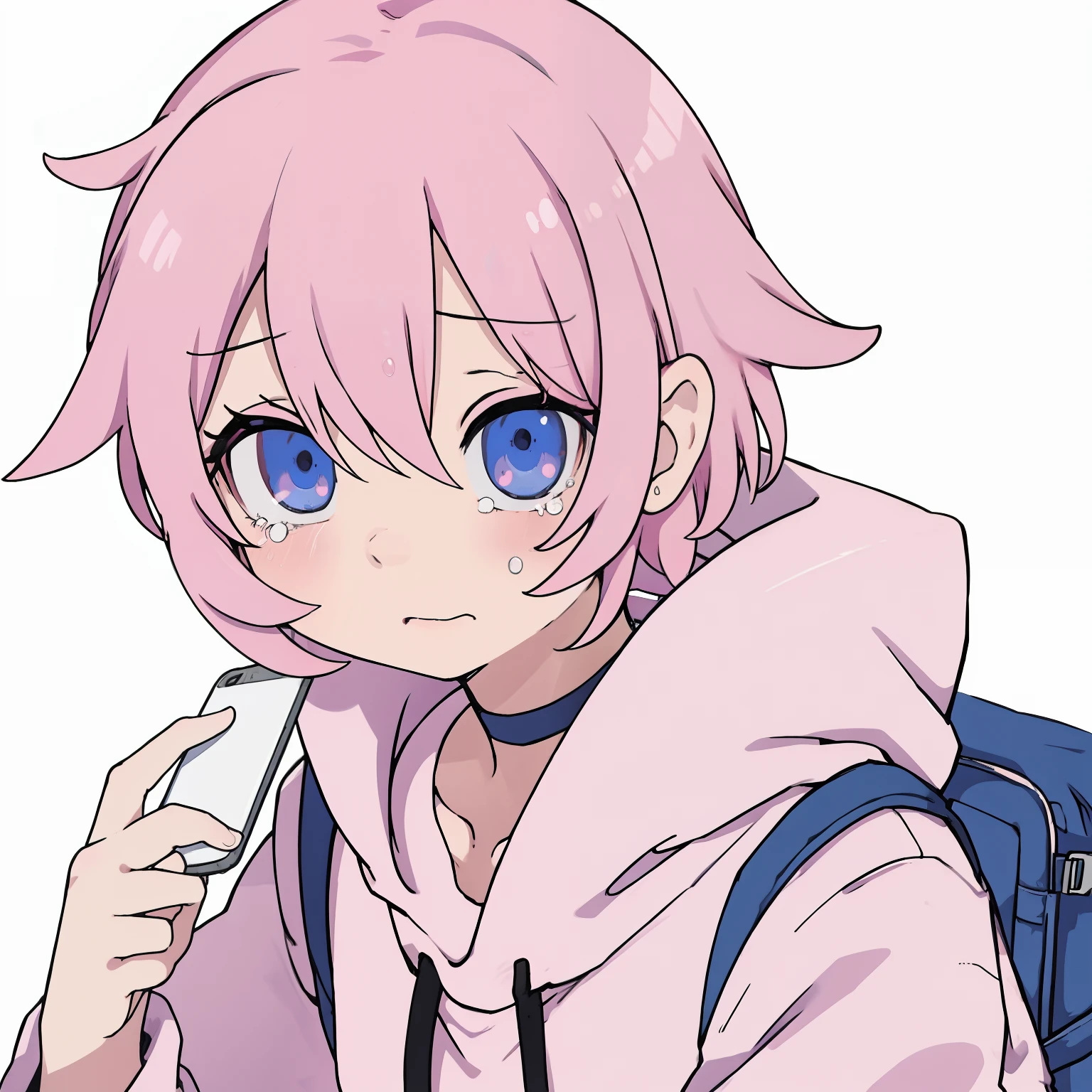 anime girl, short pink hair, blue eyes , pink hoodie, choker, using a phone, crying, white background, backpack