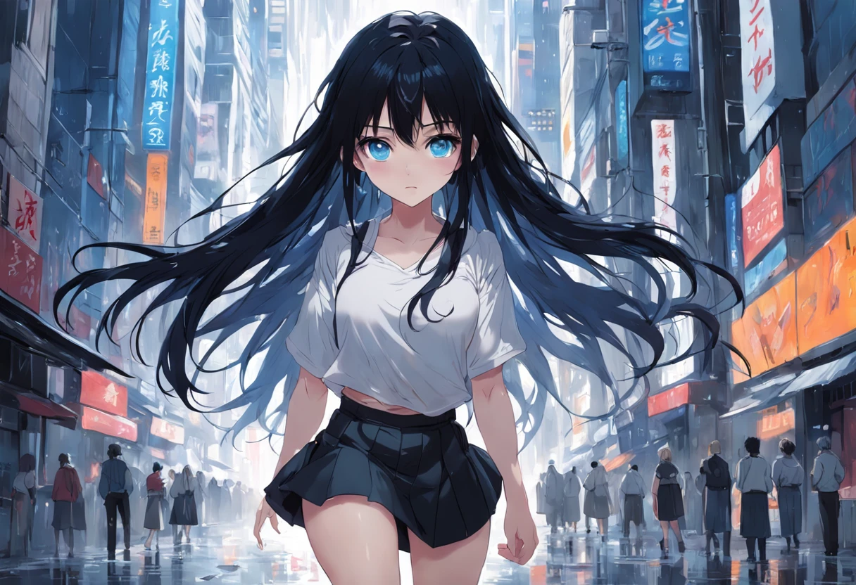 1girl, long black hair, blue eyes, wearing plain white wet shirt, small skirts, city, absurdres, high res, ultrasharp, 8K, masterpiece, looking at viewer