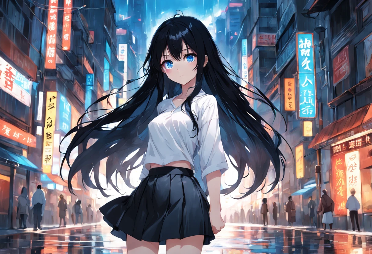 1girl, long black hair, blue eyes, wearing plain white wet shirt, small skirts, city, absurdres, high res, ultrasharp, 8K, masterpiece, looking at viewer