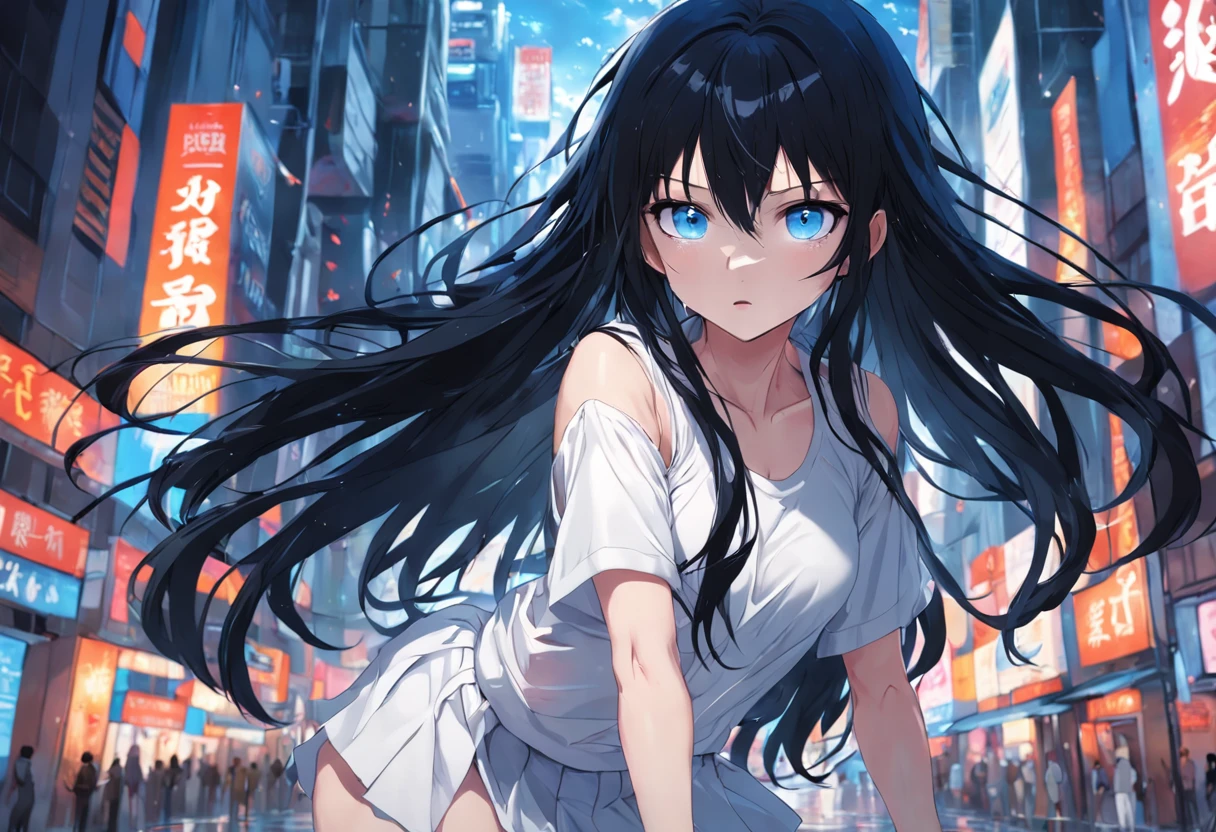 1girl, long black hair, blue eyes, wearing plain white wet shirt, small skirts, city, absurdres, high res, ultrasharp, 8K, masterpiece, looking at viewer
