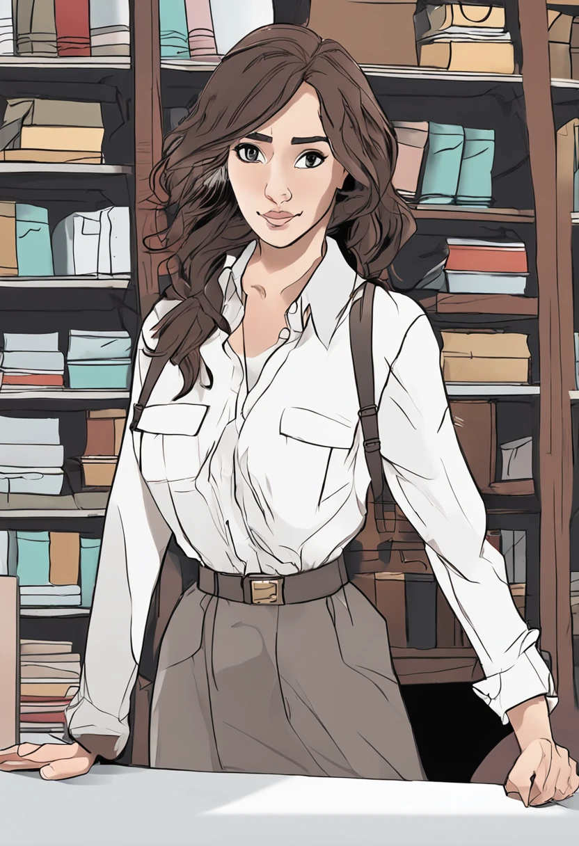 working woman, with a suffering and worn-out face, wavy hair, eyes with dark circles under their eyes, working in a clothing store, ultra realistic image, of the highest quality, fullHD