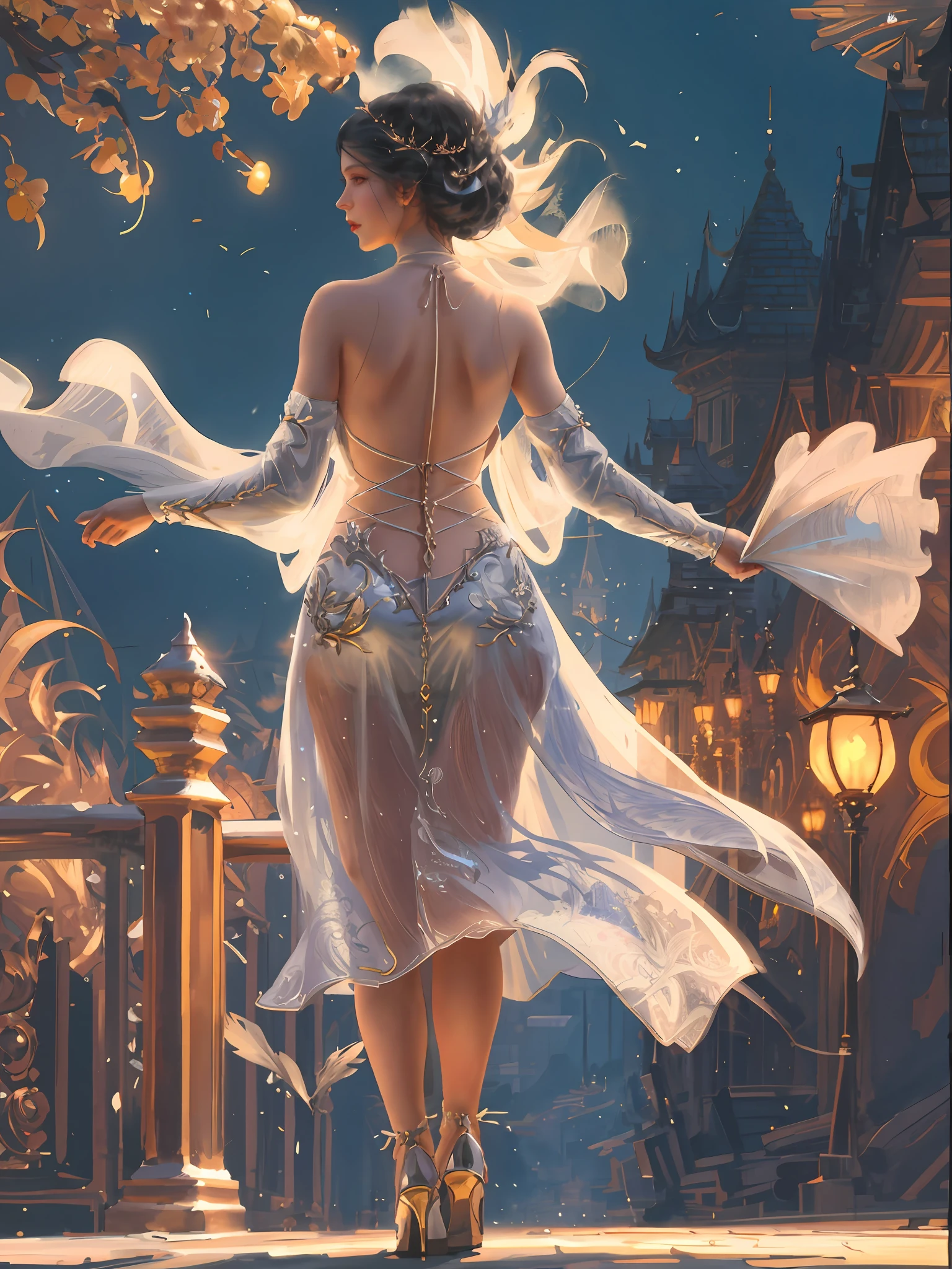 Painting of a woman in a white dress walking down the street, karol bak and peter mohrbacher, Peter Mohrbacher. illusory engine, style of peter mohrbacher, style of peter mohrbacher, wlop and ross thran, art by Wlop and Greg Rutkowski, style of wlop, in style of peter mohrbacher