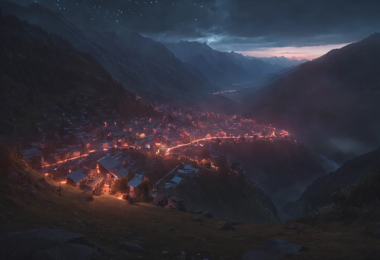 Photorealistic wide-angle view, the best quality masterpiece, over the top of the mountain view down a large deep valley with a synth-wave retro metropolis late at night, the soft glow of neon lights against valley walls, dark sky, photorealistic hyper-realism concept art by Greg Rutkowski, loish rhads, Ferdinand knab, makoto shinkai tian zi trending on cg society