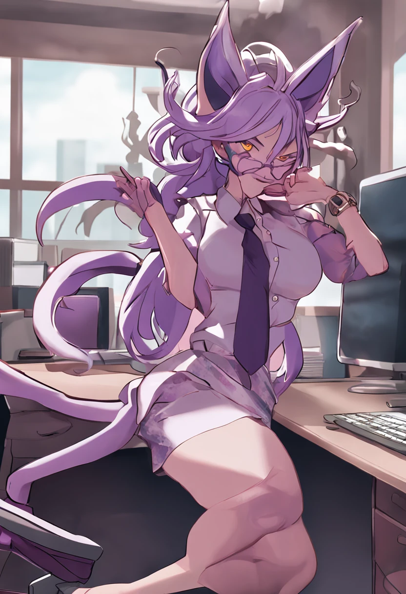 (dark skin), purple hair, (best quality, masterpiece), sitting, looking at the viewer, hands on the table, table in front, office background, 1woman, neckline, mini skirt, white shirt, large breasts, large thighs, dark skin, glasses, short, dark skin, solo,, standing, scales, dark red dragon horns, dark red dragon tail, subtle paterns of bright shades of purple along its limbs and tail, red eyes
