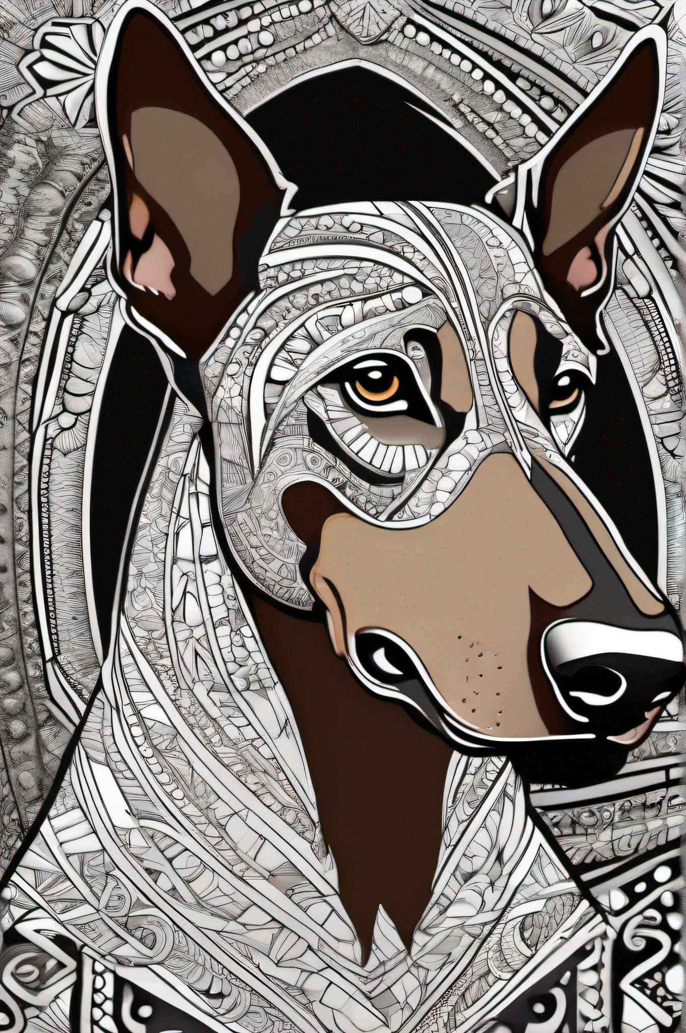 Doberman for a coloring, linhas em negrito, linhas escuras, estilo mandala, simetrico, fundo branco, Arte de linha limpa, arte de linha fina, preto e branco, colorir