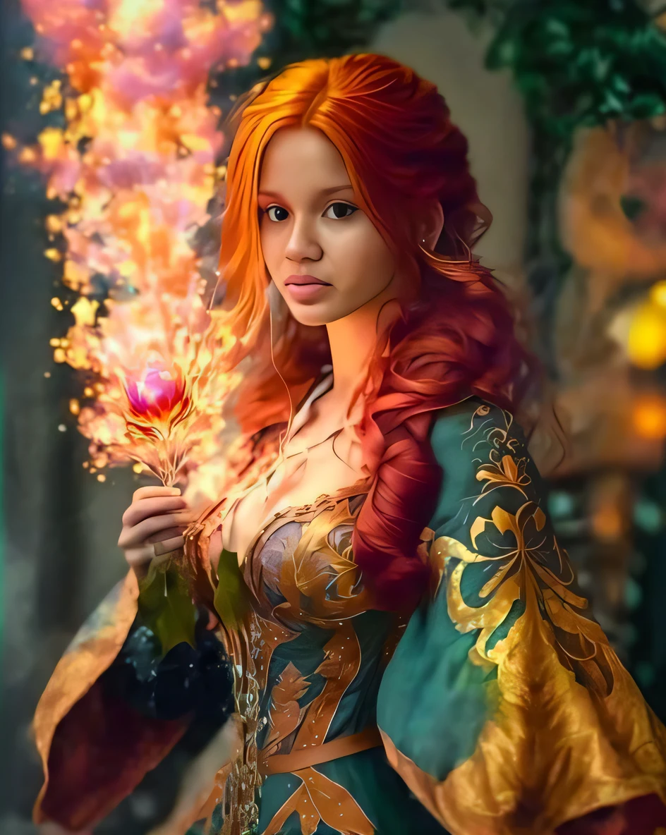 uma mulher com cabelo vermelho e um vestido verde segurando uma flor, bela arte de fantasia, estilo de arte de fantasia, retrato bonito da arte da fantasia, arte de fantasia realista, pintura de personagem bonita, arte estilo fantasia, retrato bonito da fantasia, pintura de fantasia realista, arte de fantasia muito bonita, arte de fantasia hiperrealista, linda donzela fantasia, mulher da fantasia, retrato da arte da fantasia, arte de fantasia, Deusa dos cabelos ruivos