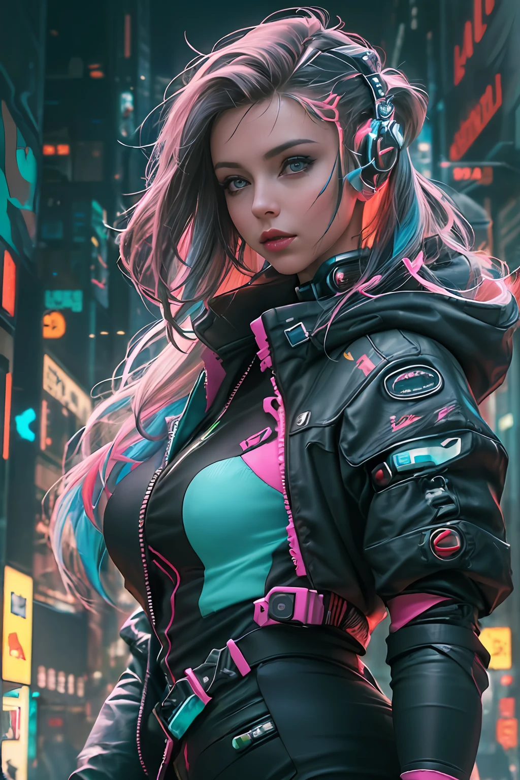 (Photorealistic:1.4) image of a cyber punk girl, (top-quality, 8K, 32K, masterpiece), (dynamic pose), ((facing camera)), (looking at camera), cowboy shot, shapeless hair, colorful hair, colorful cyberpunk clothing, depth of field f/1.8, cyberpunk city background, cinematic lighting.